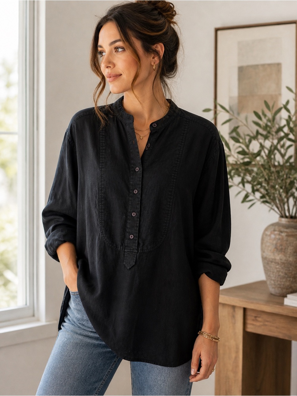Ralph Lauren Black Button-Up Mandarin Collar Tunic
